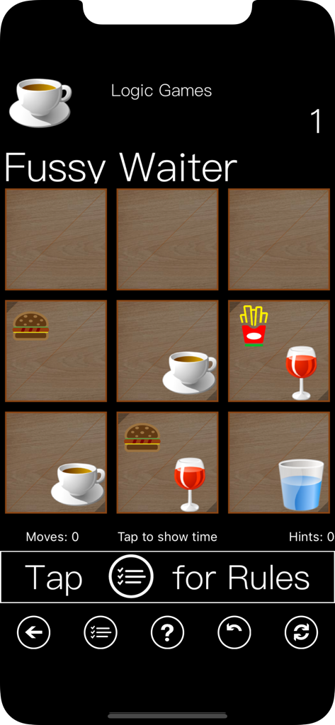 100 Logic Games - Time Killers - A grid-based logic puzzle interface called Fussy Waiter featuring various food and drink icons on a wooden background.