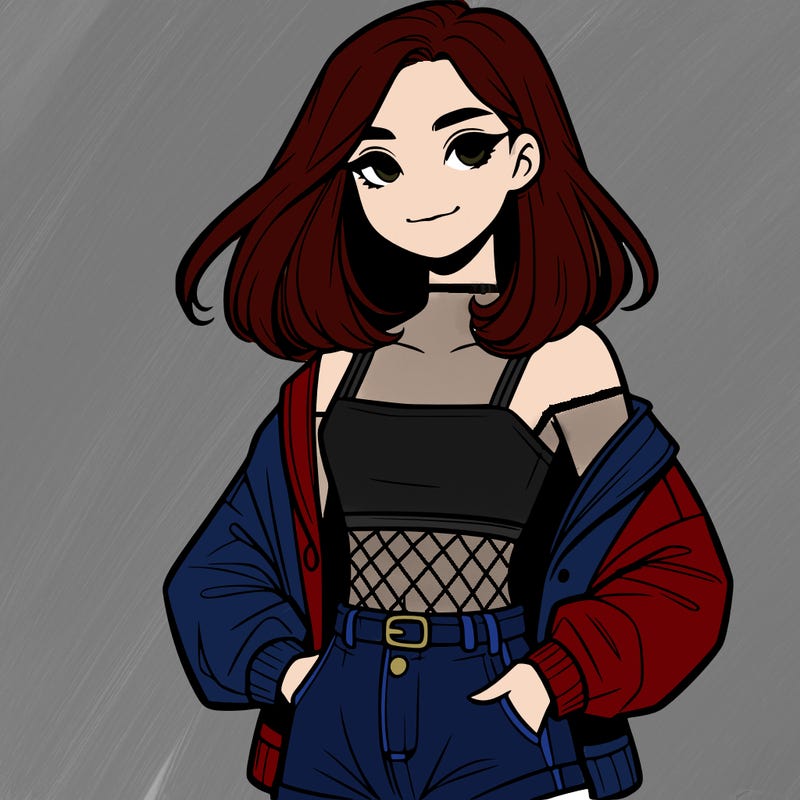 a realistic girl with a crop top and short shorts in an open jacket