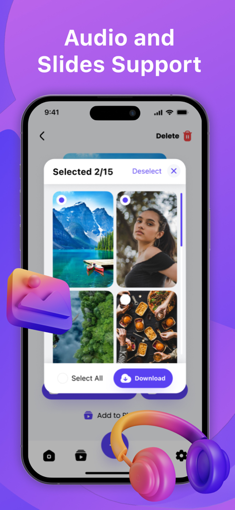 SSSTik: Save Video & Repost - SSSTikモバイルアプリインターフェース。写真スライドやオーディオコンテンツの選択およびダウンロードプロセスが表示されています。