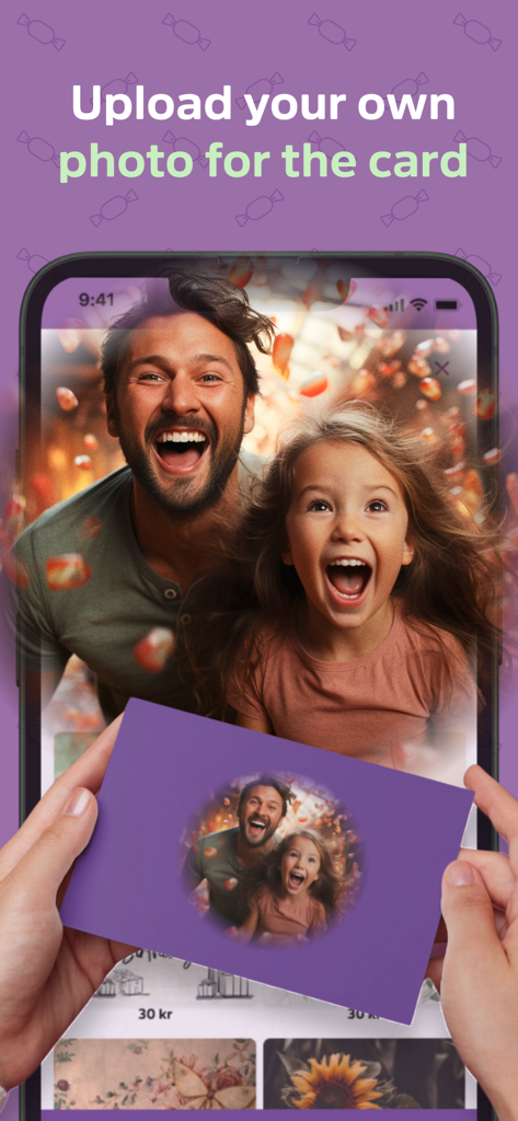 CandyExpress Candy app - A person holding a printed gift card with a personalized family photo created through the CandyExpress mobile app