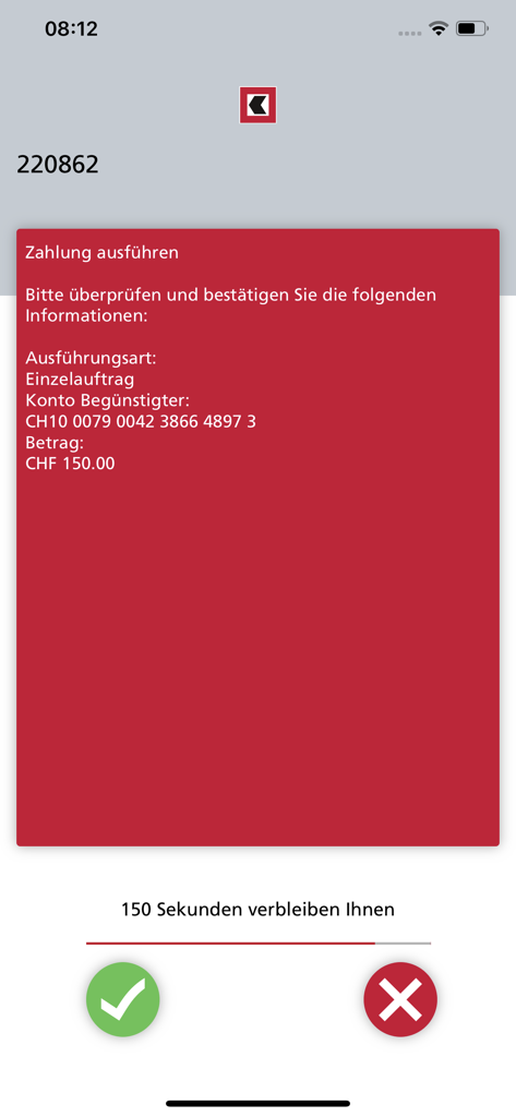 BEKB smartLogin app screen for authorizing a payment transaction with confirmation buttons