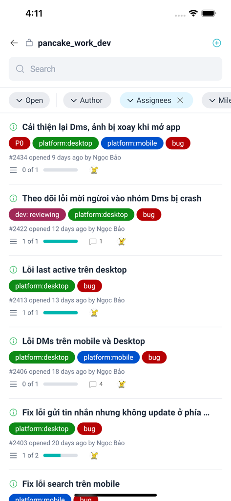 Pancake Work - Pancake Work app screenshot displaying a list of tasks and bug reports with status tags