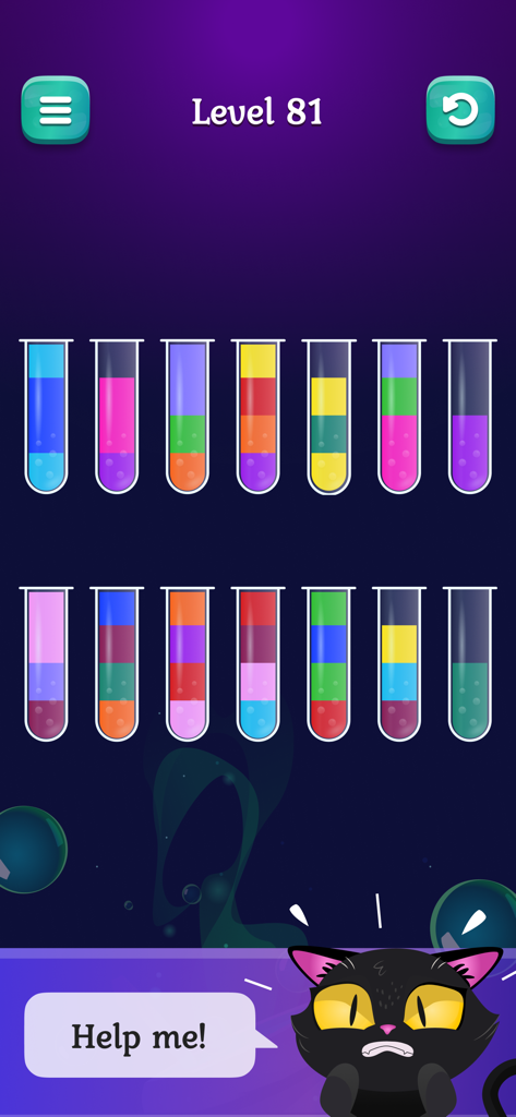 Water Sort Puzzle: Color Match - Una pantalla de juego móvil de Water Sort Puzzle Nivel 81 mostrando tubos de ensayo llenos de capas de agua de colores y un personaje de gato negro diciendo Ayúdame.