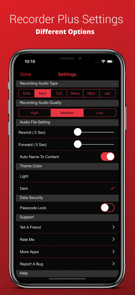 Voice Recorder Plus Pro settings screen showing audio format quality and dark mode options on an iPhone