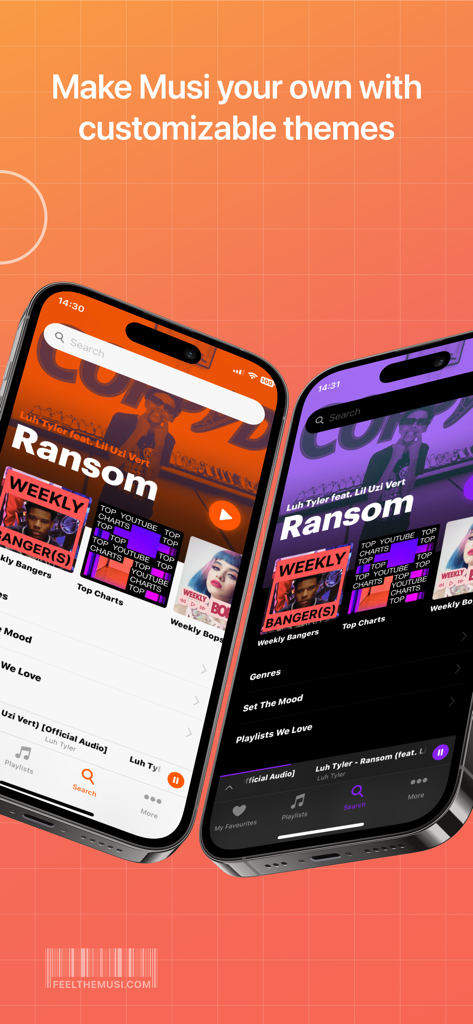Two iPhones showcasing orange and purple customizable themes within the Musi music player app interface