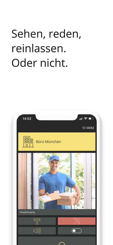Siedle App - Pantalla de iPhone mostrando la Siedle app con una transmisión de vídeo en vivo de un repartidor en una puerta