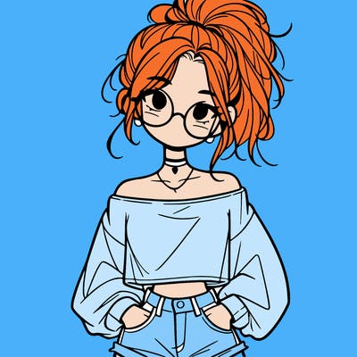 girl with a messy ponytail glasses a baggy crop top and jean shorts