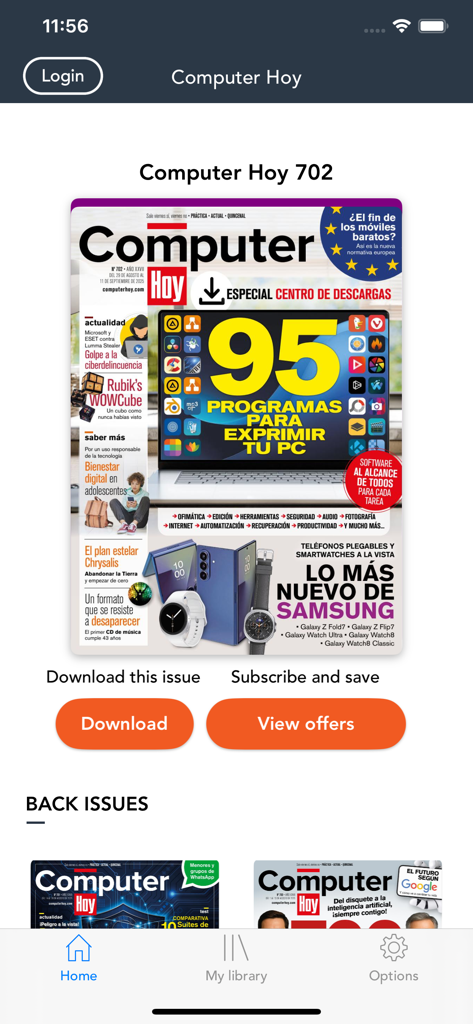 Pantalla de inicio de la aplicación Computer Hoy con la última edición de la revista de tecnología digital en español