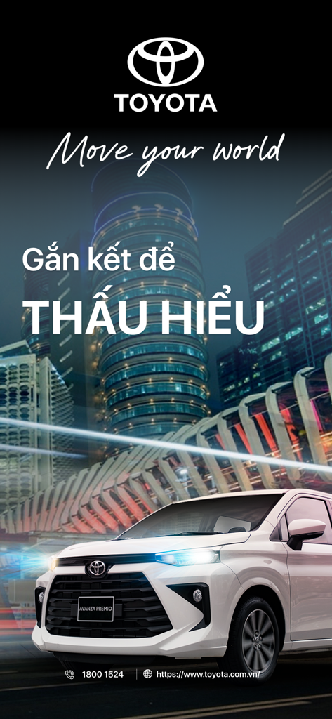 TOYOTA Vietnam - Toyota Vietnam app intro screen featuring a white Avanza Premio car and the slogan Move your world.