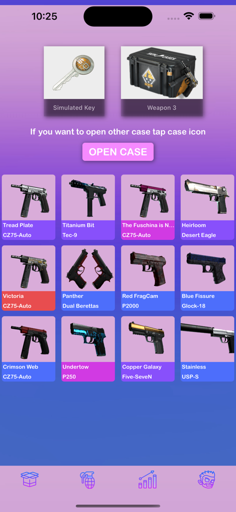 Interfaccia di apertura della scatola con la collezione di skin per armi in Case Simulator 3