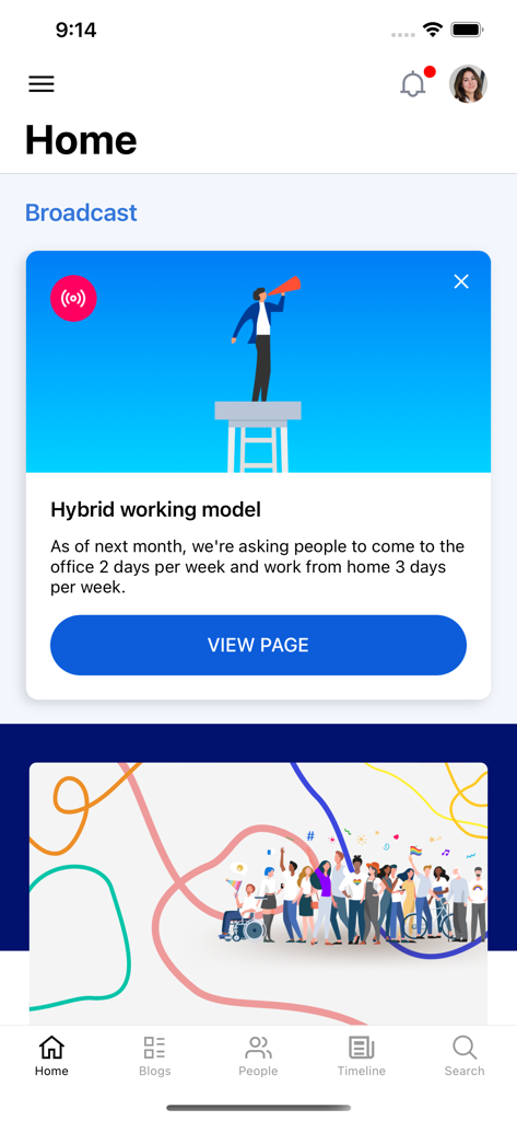 Home screen of the Interact intranet mobile app showing a company announcement about a hybrid working model