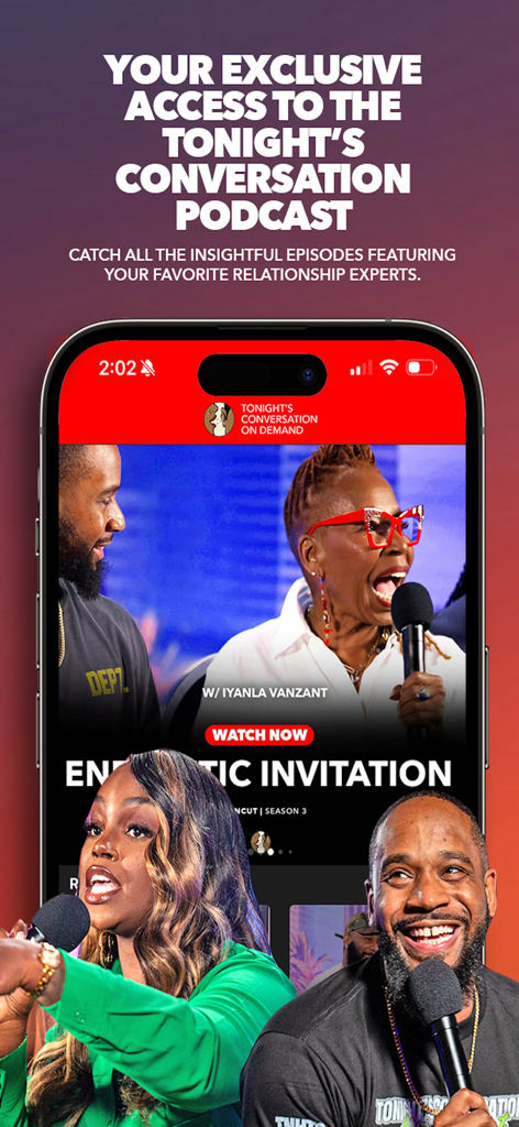 A smartphone displaying the Tonight's Conversation app featuring relationship expert Iyanla Vanzant.