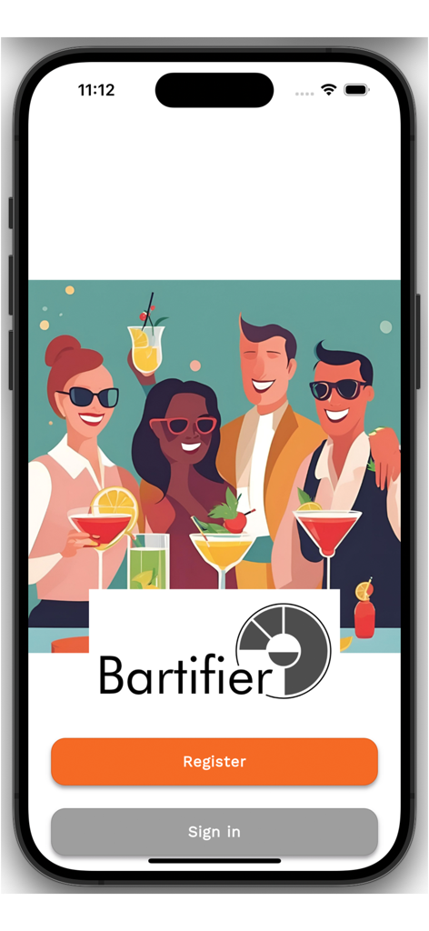 Bartifier - Bartifier app welcome screen featuring an illustration of friends enjoying cocktails