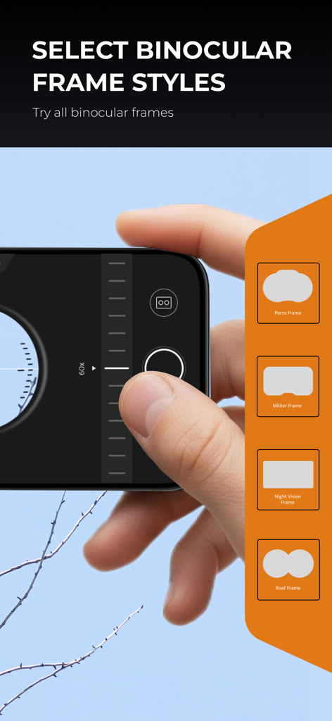 Super Zoom Telescope HD Camera - Pantalla de selección de diferentes estilos de marcos de binoculares en la aplicación Super Zoom Telescope que muestra los marcos Porro Militer Night Vision y Roof