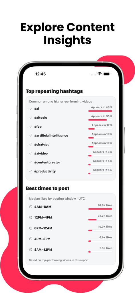 ViralFinder - Trending Content - Interfaccia dell'app ViralFinder che mostra i migliori hashtag di tendenza e le analisi sui migliori momenti per pubblicare per i creator.