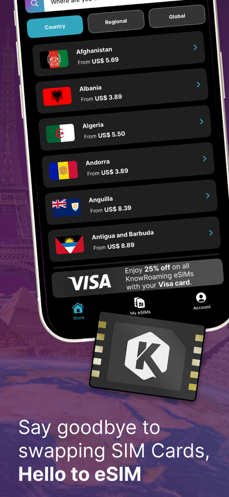 KnowRoaming Travel eSIMs - KnowRoaming app interface showing international eSIM data plans and a Visa discount offer.