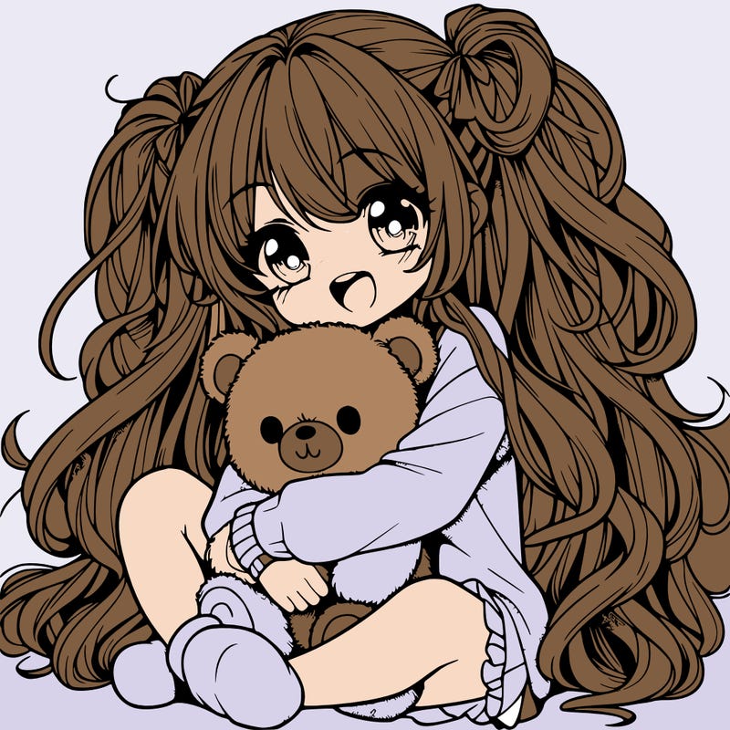 manga girl, long curly hair, happy, cuddling a teddy bear