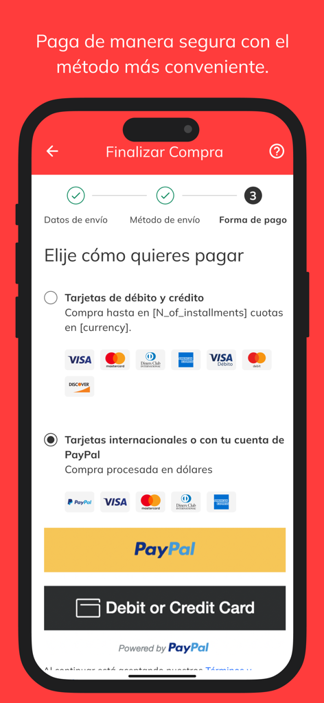 Tiendamia - Checkout screen of the Tiendamia app showing secure payment methods including local credit cards and PayPal