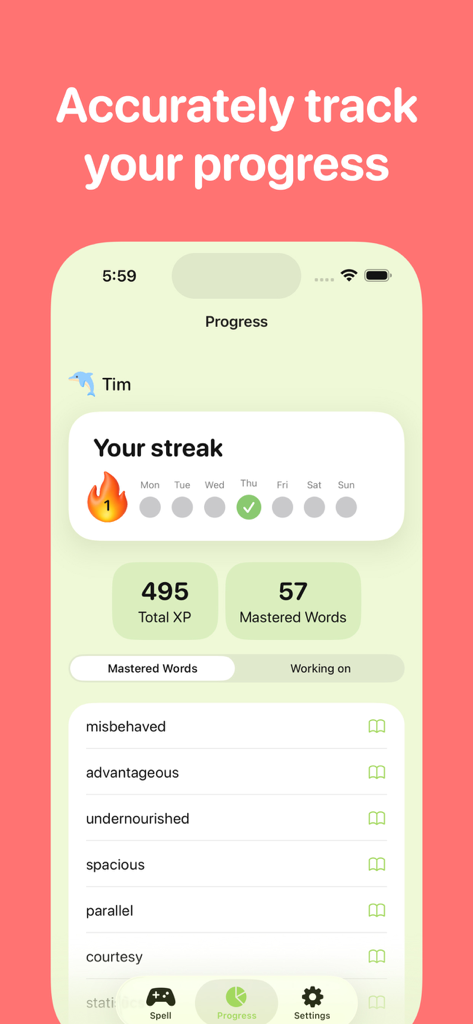 Spelling Bee - Beezy - A dashboard in the Spelling Bee Beezy app showing a student's daily streak total XP and a list of mastered vocabulary words