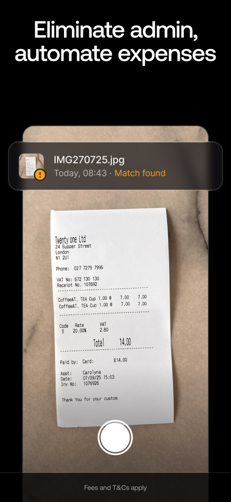 A smartphone screen showing the Revolut Business app scanning a paper receipt to automate expense management
