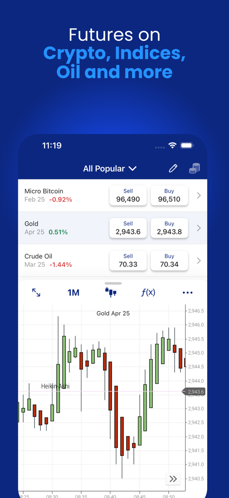 Interfaz móvil de la aplicación Plus500 mostrando precios de futuros y un gráfico de velas del mercado del oro.