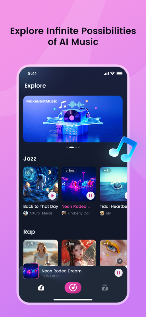 MakeBestMusic: AI Music - MakeBestMusic app explore screen showing AI generated music tracks in jazz and rap categories