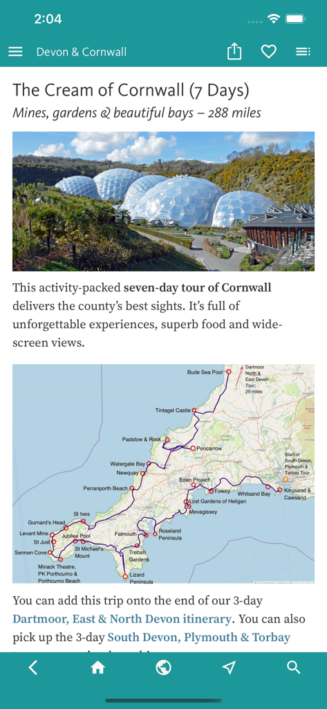 에덴 프로젝트 사진과 경로 지도가 포함된 콘월 7일 투어 일정