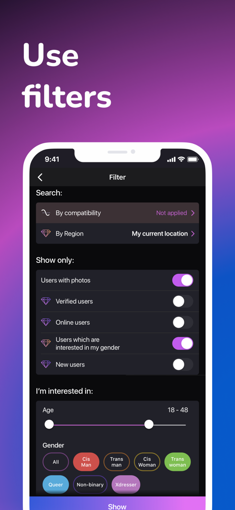 Fiorry: Transgender Dating - Screenshot of the Fiorry dating app search filter screen showing options for age region and various gender identities