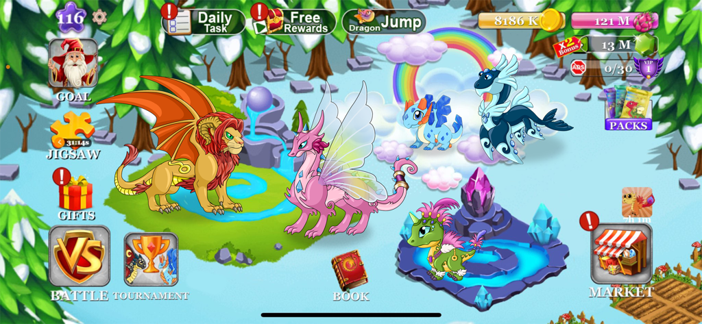 Dragon Village -A City Builder - A variety of colorful dragons in a snowy habitat in the Dragon Village mobile game