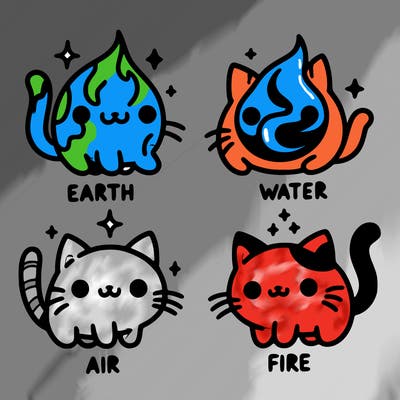 4 cats that represent the different elements, earth, water, air, and fire