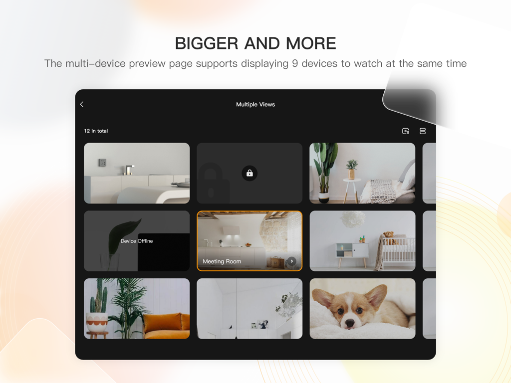 Imou Life HD - App Imou Life HD per iPad che mostra nove feed di telecamere di sicurezza simultaneamente in un layout a griglia.