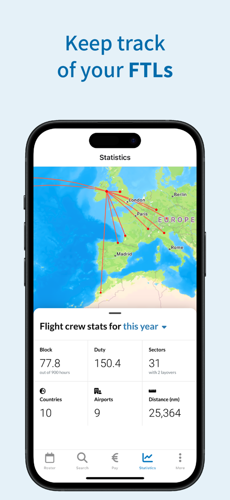 Wingman: Crew Roster - Wingman app dashboard showing flight crew statistics and FTL tracking with a map and duty hours.
