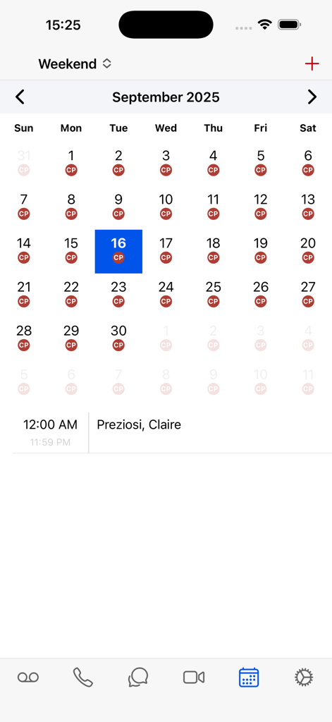 A monthly calendar view within the On Call Central app showing the on-call schedule for medical staff