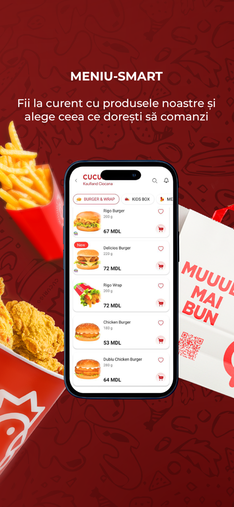 CUCURIGO - Cucurigo mobile app showing the smart menu interface with various burgers and wraps available for pick up order