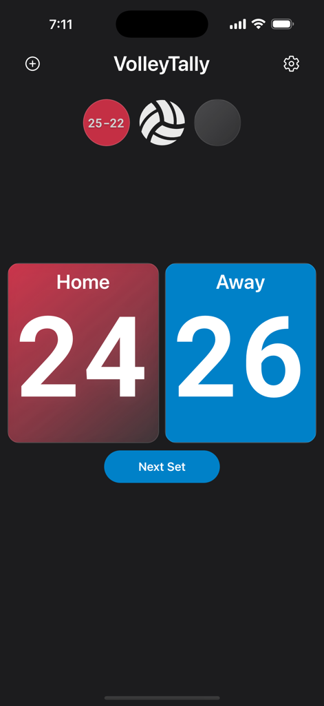 Interfaccia del segnapunti di VolleyTally che mostra un punteggio di partita di 24 per la squadra di casa e 26 per la squadra fuori casa con un pulsante per il set successivo