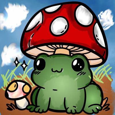 a cute frog with a mushroom hat