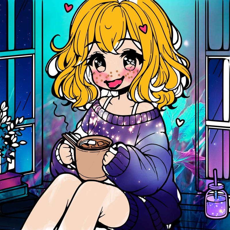 cute anime girl reading book and drinking hot chocolate from mug with loose wavy hair wearing a baggy sweatshirt and shorts sitting by windowsill looking out