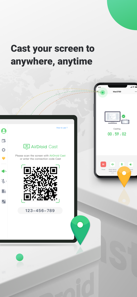 Interfaccia di mirroring dello schermo di AirDroid Cast che mostra la connessione tra uno smartphone e un tablet tramite codice QR