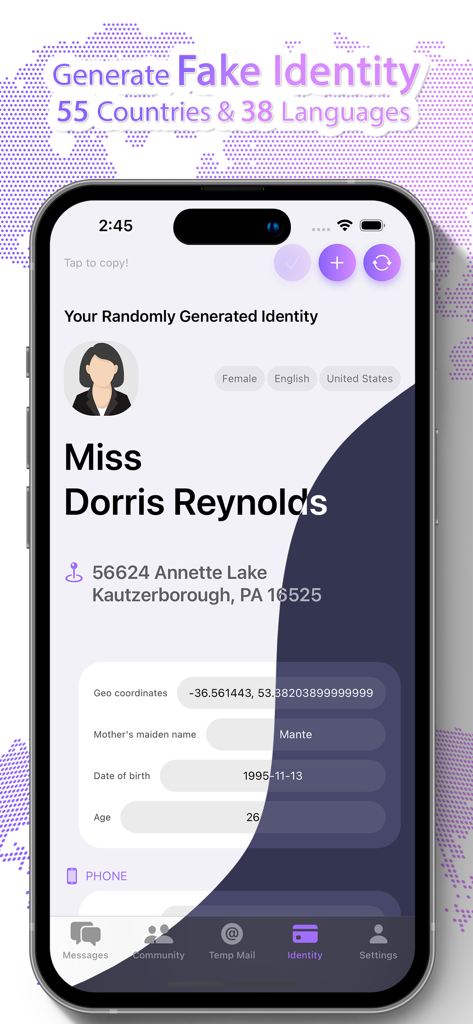 Un profilo di identità fittizia generato su un'app mobile con nome, indirizzo e data di nascita casuali per la privacy