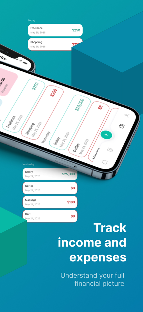 Cash Now + - Pantalla de la aplicación Cash Now Plus que muestra una lista de ingresos y gastos rastreados