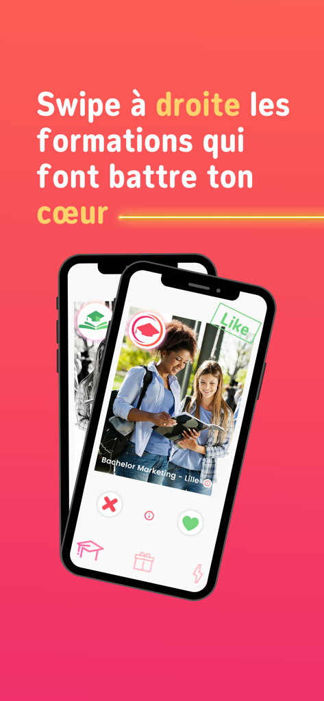 Orientation Parcoursup & Bac+3 - Interface d'application mobile montrant une fonctionnalité de swipe style Tinder pour découvrir et aimer des programmes de diplômes universitaires.