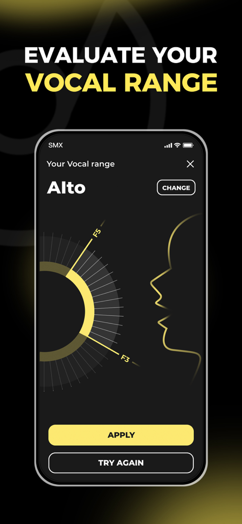 EasySing app screen showing a vocal range evaluation identifying the user as an Alto