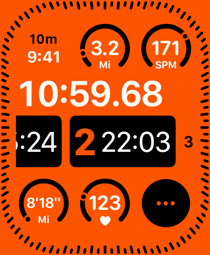 Running App for Watch - Fourie - Running app interface on Apple Watch showing time distance heart rate and steps per minute