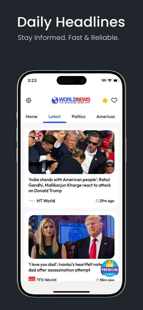 World News: Breaking News App - Pantalla de teléfono inteligente que muestra los titulares diarios y las últimas noticias de la aplicación Noticias Mundiales.