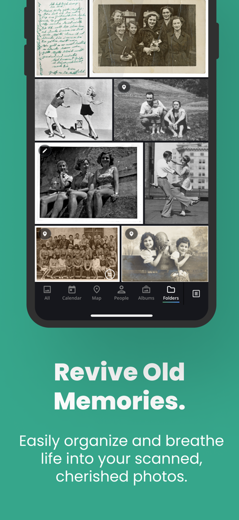 The Mylio Photos app interface showing a collection of vintage black and white photos and the heading Revive Old Memories
