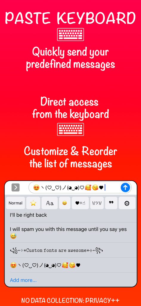 Captura de tela do recurso Teclado de Colagem no aplicativo Fontes Personalizadas mostrando mensagens predefinidas e destaques de privacidade