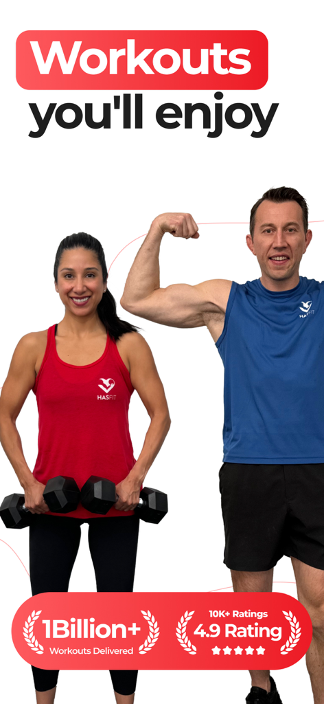 HASfit: Home Workout Programs - Coach Kozak and Claudia posing for HASfit fitness app with text mentioning workouts you will enjoy and 4.9 star rating