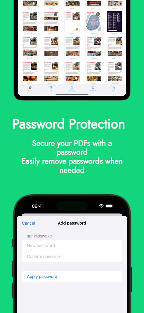 Local PDF - Interfaccia dell'app Local PDF che mostra la protezione con password e le funzionalità di sicurezza per i documenti mobili