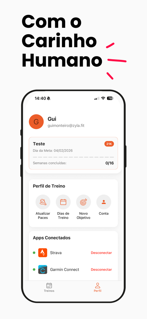 Zyla - Corrida com IA - A tela de perfil do aplicativo de corrida Zyla exibindo uma meta de treino de 21k e aplicativos de fitness conectados como Strava e Garmin.