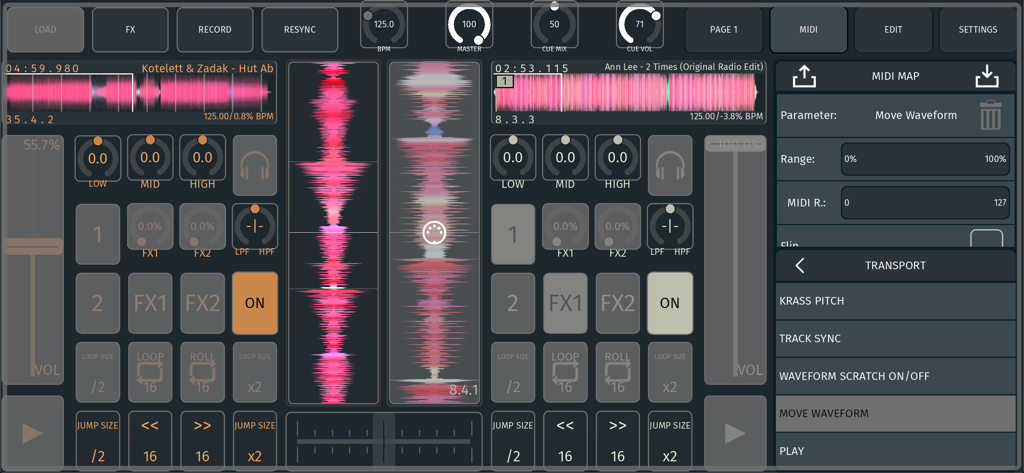 soda dj app - Interfaz profesional de mapeo MIDI en la aplicación soda dj con formas de onda duales y controles personalizables